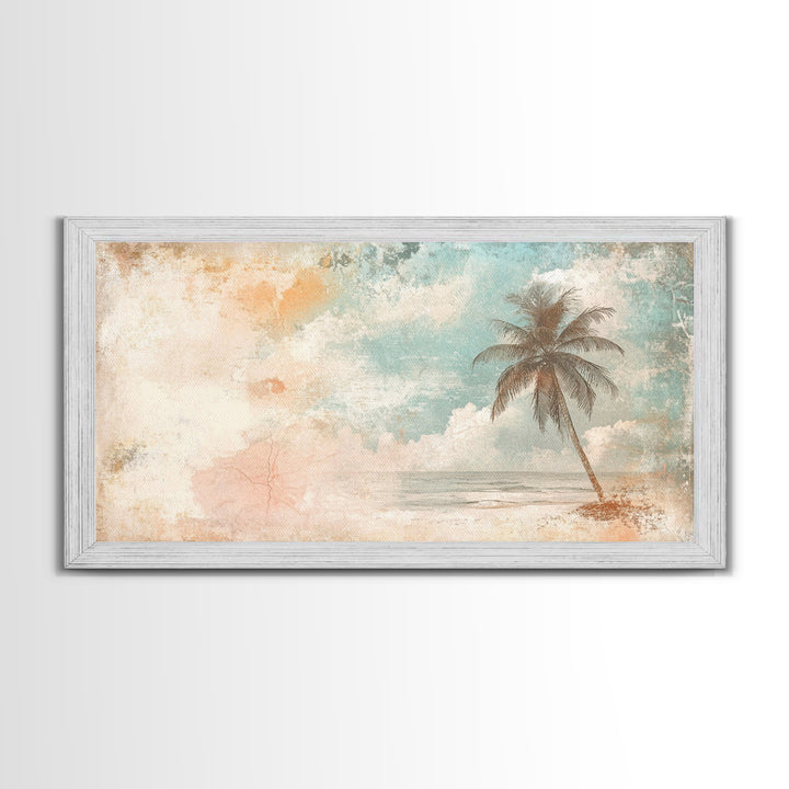 Distressed Painting Print of a Lone Palm Tree on a Beach, Framed Canvas Print, Retro Nautical Landscape Painting, Beach Wall Art, Beach Print