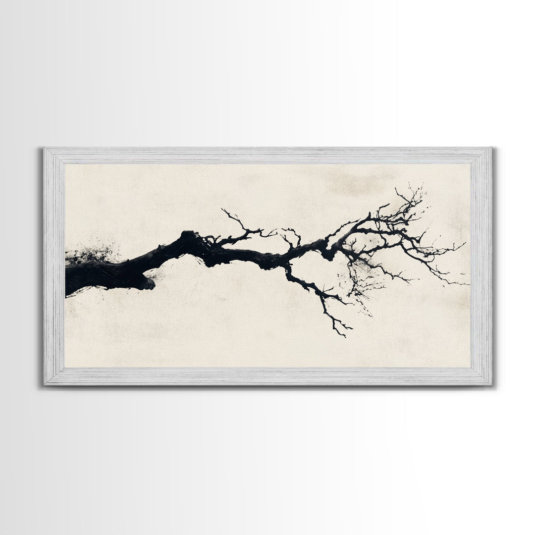 Black and White Wall Art, Framed Canvas Print, Dead Branch Painting on a Black Background, Charcoal Sketch, Charcoal Painting Wall Art