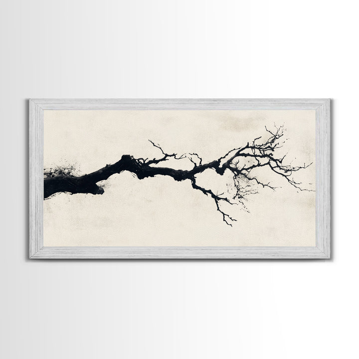 Black and White Wall Art, Framed Canvas Print, Dead Branch Painting on a Black Background, Charcoal Sketch, Charcoal Painting Wall Art