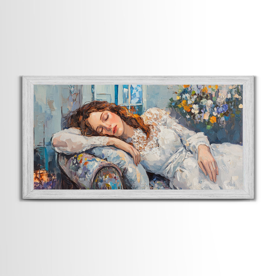 Decadent Young Woman Inspired Wall Art, Framed Canvas Print, Victorian Oil Painting Of a Woman Taking a Nap, Cute Bedroom Decor