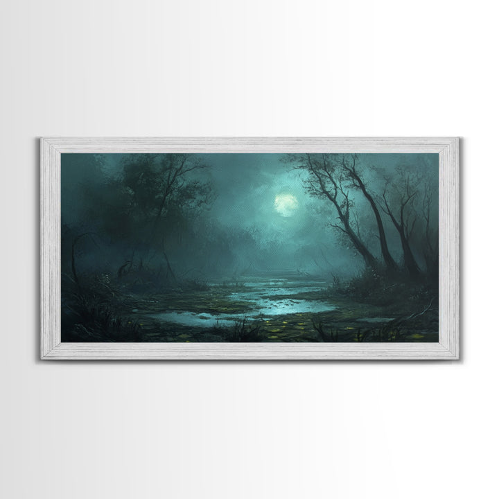 Dark and Moody Wall Art Framed Canvas Print, Oil Painting of a Swamp, Moody Landscape Wall Art