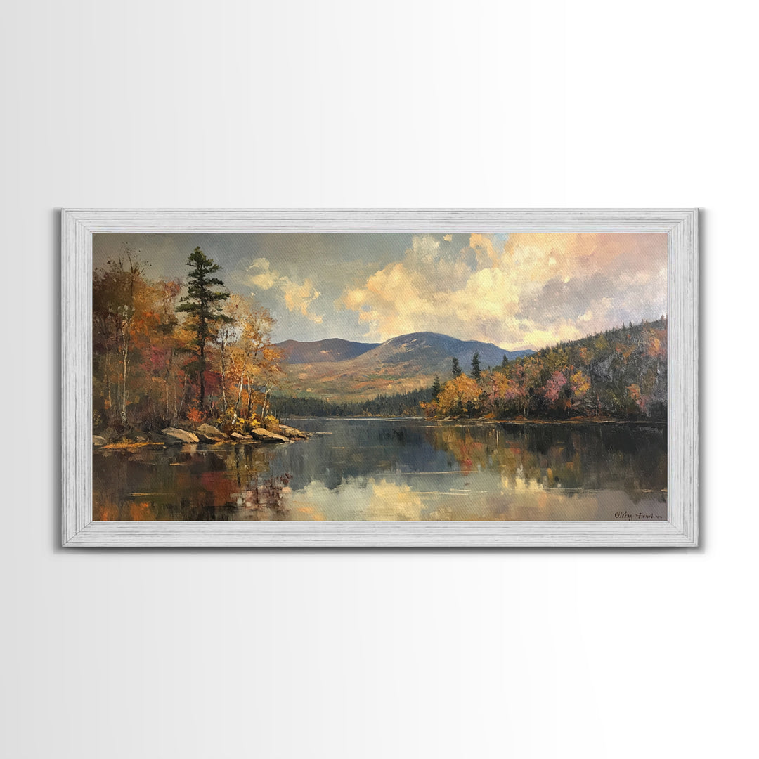 Mountains With Lake French Landscape Panoramic Oil Painting Canvas Print, Canvas with Wood Frame, Modern Living Room Wall Art