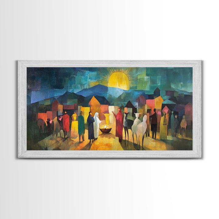 Christmas Nativity Scene Art Print - Framed WalL Art Canvas Print - Mary, Joseph and Baby Jesus in Bethlehem Abstract Oil Painting Print