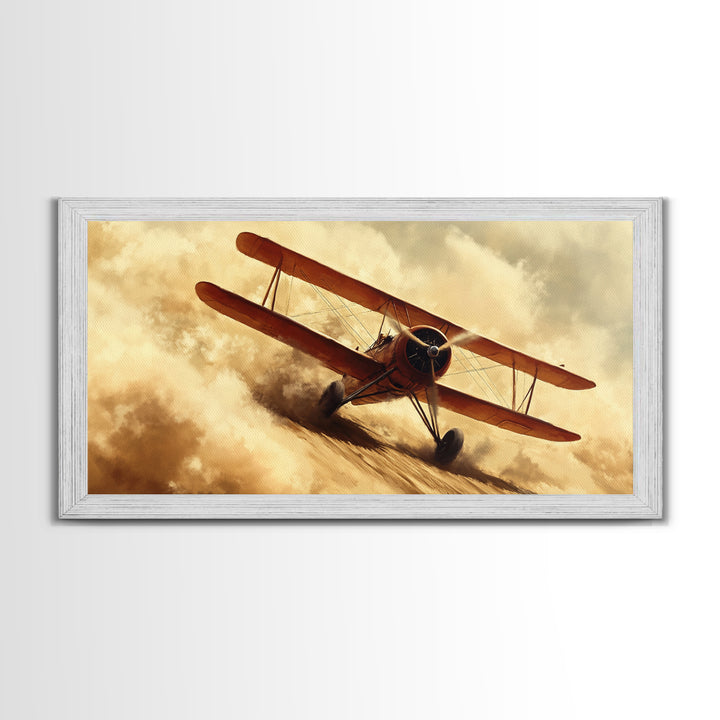 Biplane Taking Off In a Sandstorm, 1920s Airplane Painting, Retro Airplane Wall Art, Gift For Him, Office or Man Cave Wall Art