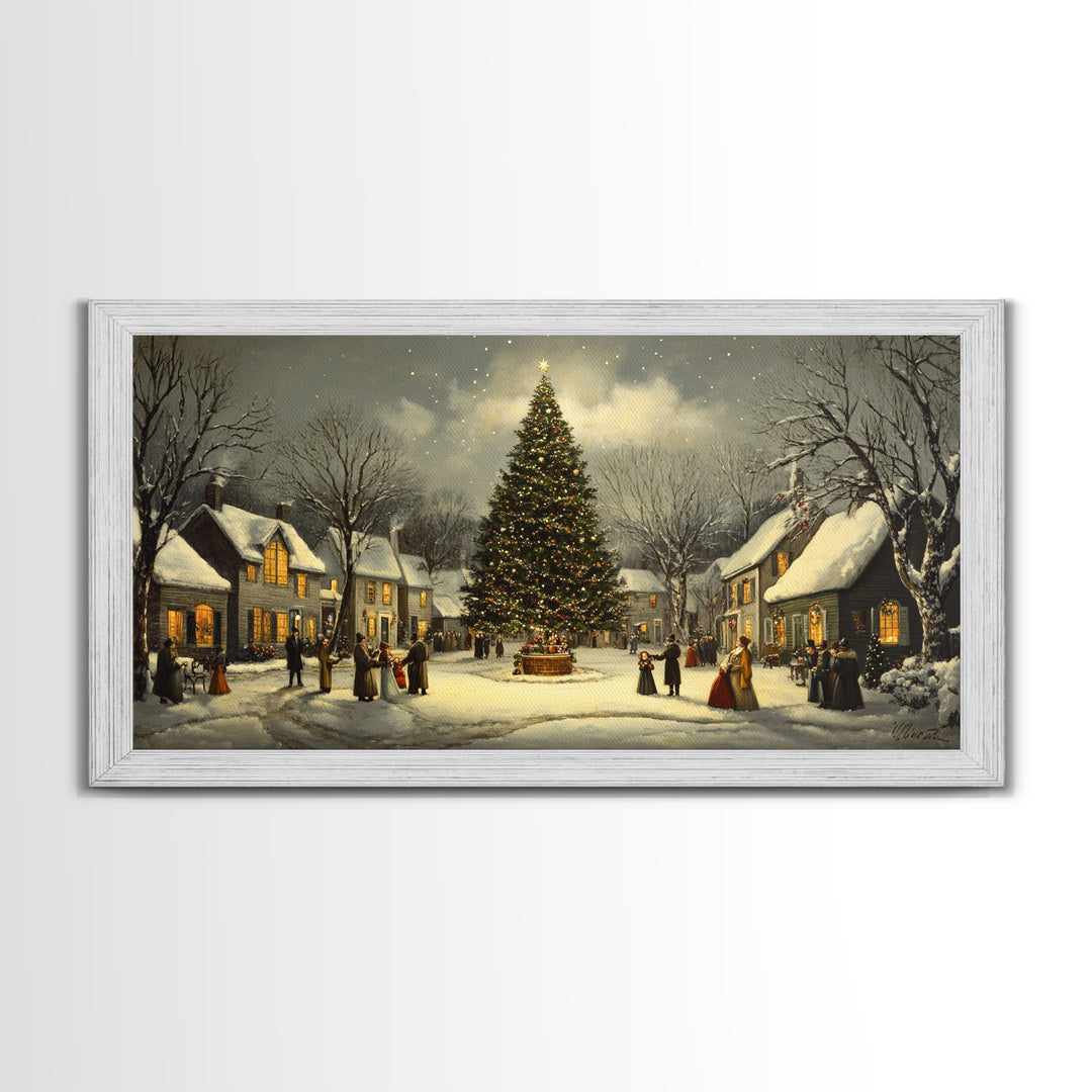 Christmas Village Framed Canvas Print Winter Decor, Canvas Wall Art, Victorian Christmas Oil Painting, Christmas Village Art