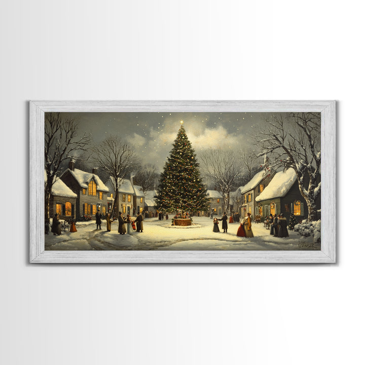 Christmas Village Framed Canvas Print Winter Decor, Canvas Wall Art, Victorian Christmas Oil Painting, Christmas Village Art