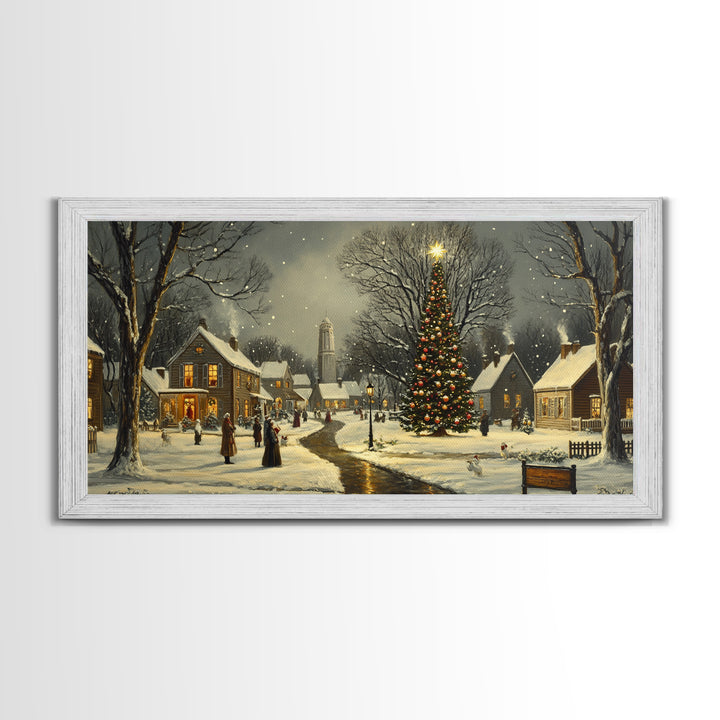 Christmas Sceneary Wall Art Framed Canvas Print, Winter Wall Art, Christmas Village Painting, Victorian Christmas Oil Painting, Horizontal Art