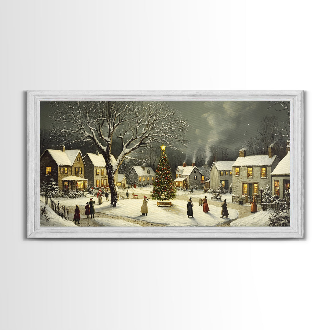Bustling Christmas Street Scene Oil Painting Canvas Print, Snowy Holiday Night, Festive Victorian Christmas Village Oil Painting, Christmas Decor