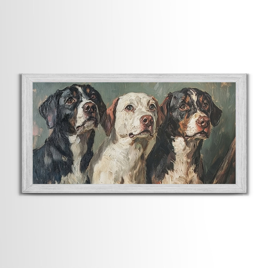 Cute Hunting Dogs Framed Canvas Print, Hunting Dogs Oil Painting, Modern Farmhouse, Traditional Home Decor, Rustic Wall Art, Dog Lover Gift