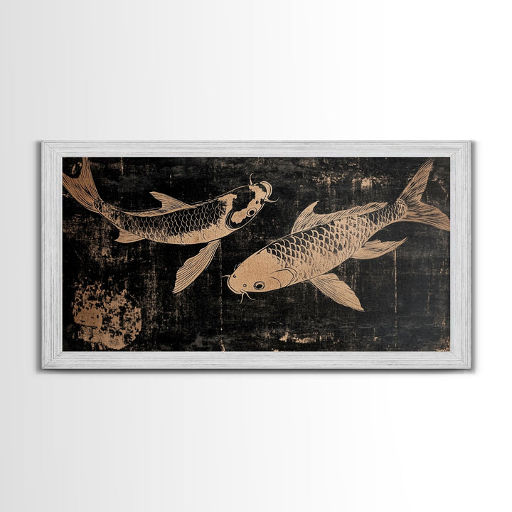 Black and White Koi Fish Oil Painting Print, Elegant Japanese Style Wood Block Print Artwork, Canvas Print Ready To Hang, Centerpiece Art