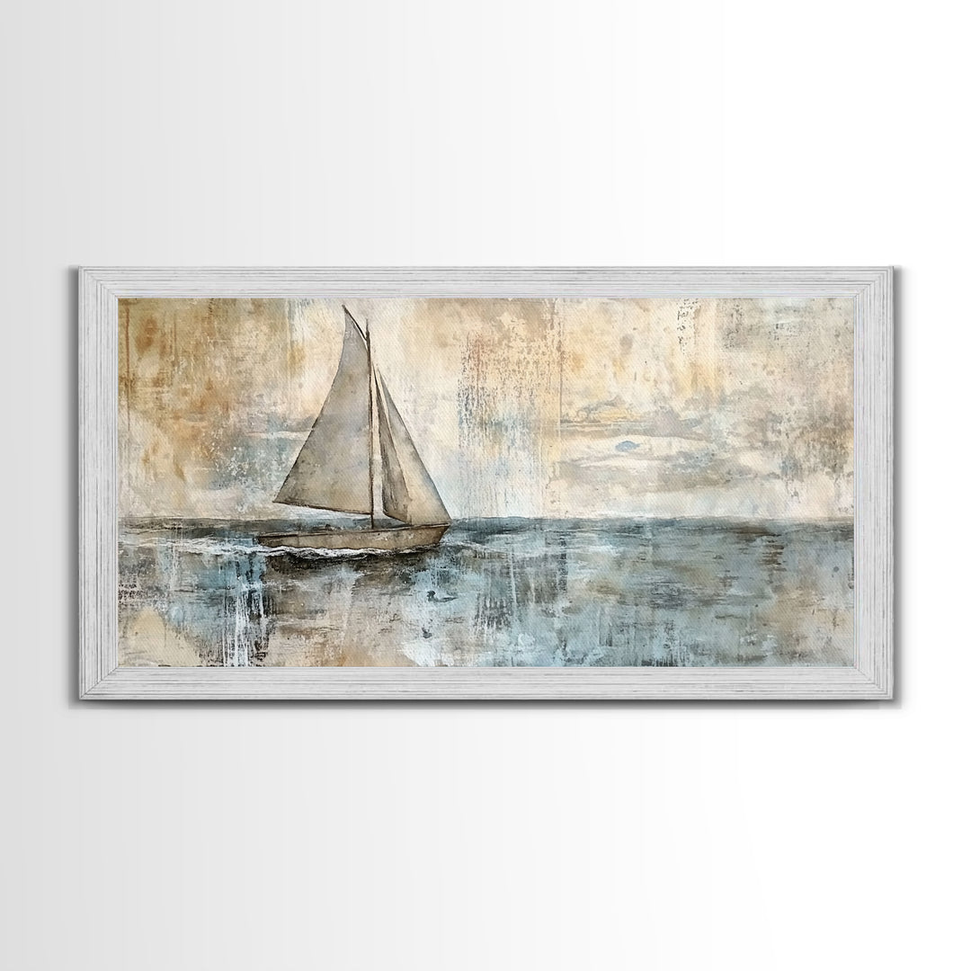 Coastal Sailboat Painting Print, Ready To Hang Art, Framed Canvas, Coastal Art Print For Beach House Decor, Wabi Sabi Sailboat, Inspired Ocean