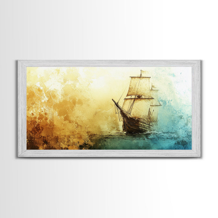 Abstract Pirate Ship Nautical Decor Framed Canvas Print - Nautical Wall Decor - Sailboat Painting - Neutral Wall Decor - Coastal Wall Art