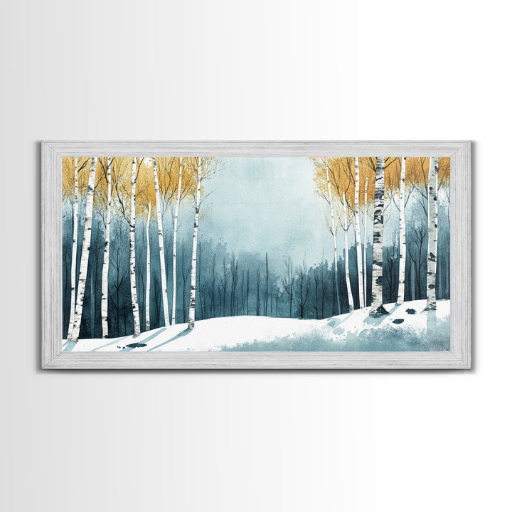 Birch Tree Forest in Winter Framed Canvas Print Ready To Hang Wall Decor, Winter Art, Winter Decor, Birch Painting, Aspen Trees Forest Art