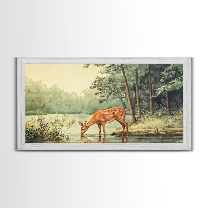 Deer Drinking Water in Forest Painting Print, Deer Painting, Cabin Decor, Cabin Wall Art, Framed Canvas Print, Nature Lover Gift, Nature Art