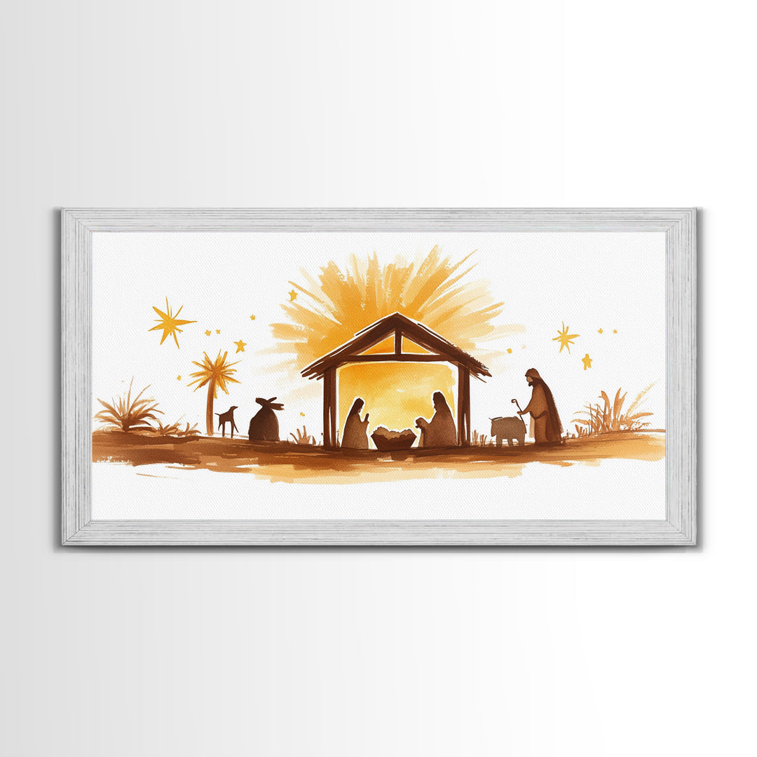 Cute Nativity Watercolor Painting Canvas Print - Framed Wall Art - Ready To Hang - Christmas Nativity Centerpiece Wall Art
