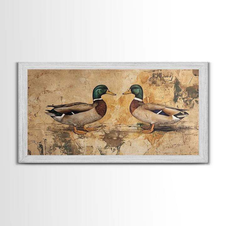 Cute Kissing Mallard Ducks - Rustic Farmhouse Wall Art - Framed Canvas Print - Gift For Hunter or Outdoorsman - Cabin Art - Cabin Decor