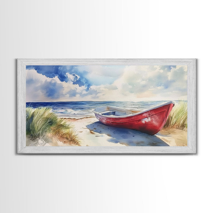 Coastal Decor - Painting of a Canoe On The beach Framed Canvas Print - Maine Painting - Maine Wall Art - Coastal Home Decor - Beach Art