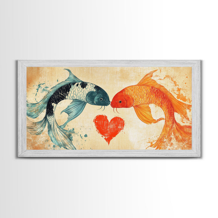Cute Koi Fish Kissing - Couple Gift Idea - Framed Canvas Print - Valentine's Day Wall Art - Wall Art For Couples - Engagement Gift Idea