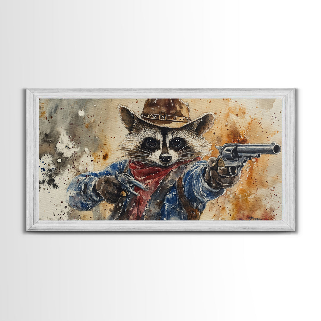 Rootin' Tootin' Cowboy Shootin' Wildwest Cowboy Raccoon Canvas Print - Racoon Painting - Cowboy Raccoon