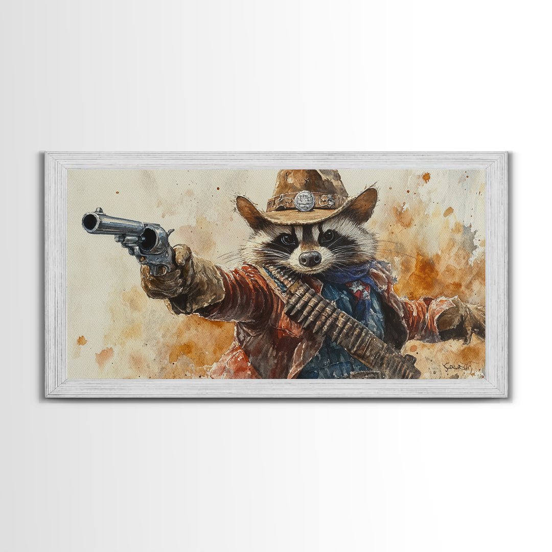 Rootin' Tootin' Cowboy Shootin' Wildwest Cowboy Raccoon Canvas Print - Racoon Painting - Cowboy Raccoon - Wild West Art