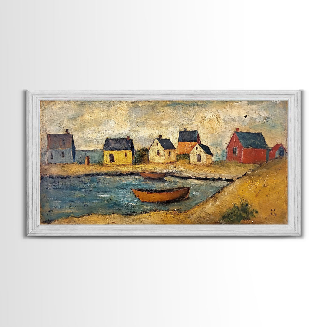 Nautical Landscape Canvas Print, 19th Century Folk Art Seascape Painting, Nautical Decor, Retro Minimalist Seaside Village Oil Painting