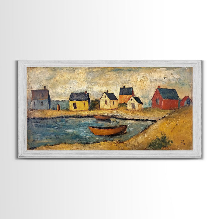 Nautical Landscape Canvas Print, 19th Century Folk Art Seascape Painting, Nautical Decor, Retro Minimalist Seaside Village Oil Painting