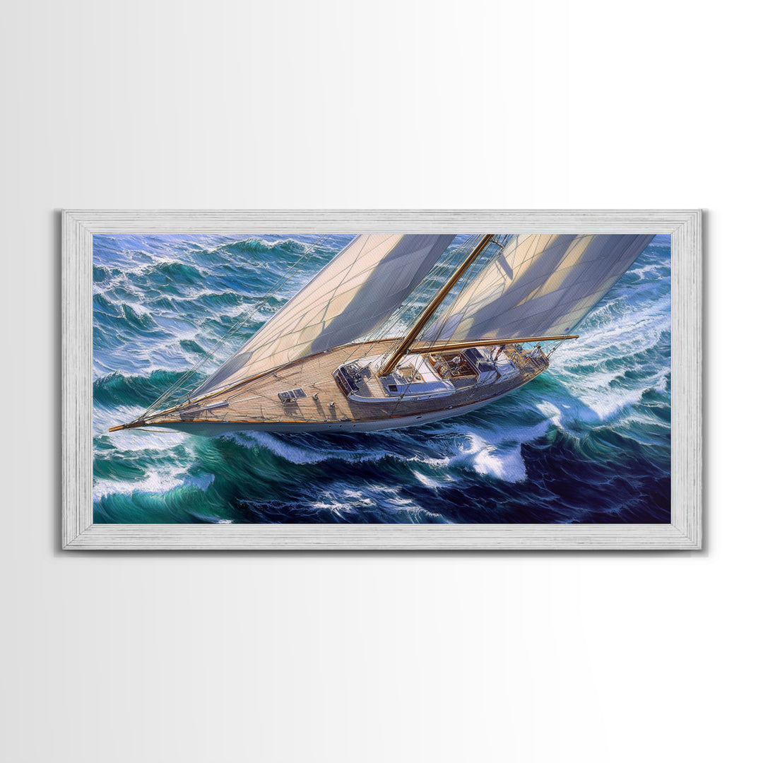 Bird's Eye View of a Retro Sailboat Painting Print, Sailboat Wall Art, Nautical Decor, Sailing Gift Idea, Sailing Wall Art