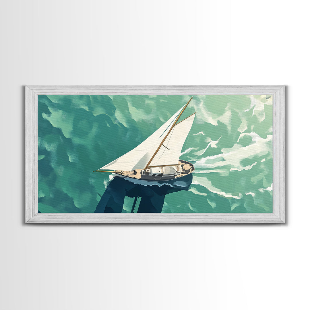 Bird's Eye View of a Sailboat Nautical Painting Print, Framed Canvas Art, Statement Piece, Nautical Centerpiece Wall Art
