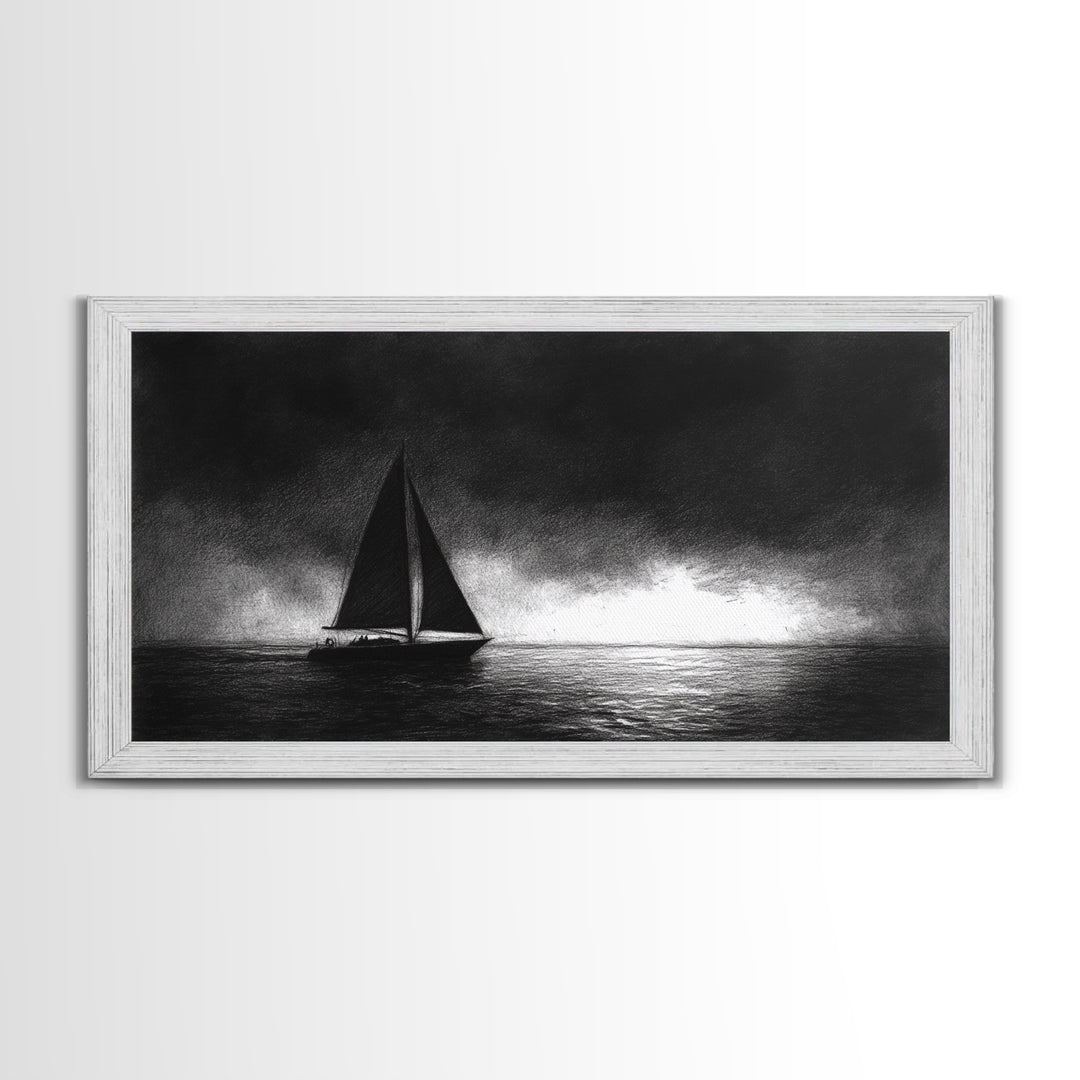 Black and White Sketch Print of a Sailboat In a Storm, Framed Canvas Print, Nautical Wall Art, Nautical Home Decor