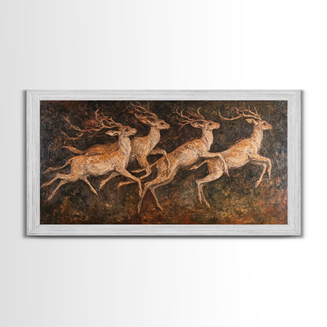 Deer In The Forest 19th Century Folk Art Style Canvas Print, Folk Art Oil Painting Print, Liminal Art, Abstract Painting Home Decor