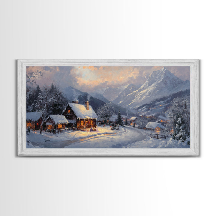 Christmas Mountain Village Oil Painting Print, Framed Canvas, Retro Christmas, Christmas Mountain Landscape Painting, Christmas Art