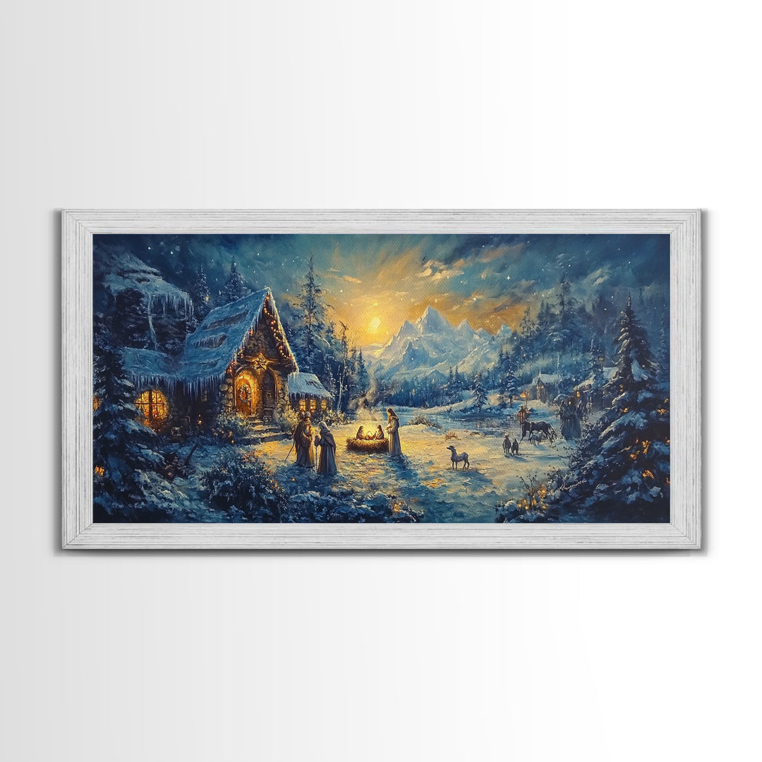Christmas Nativity Oil Painting Print, Christmas Wall Art, Framed Christmas Canvas Art, Christmas Home Decor, Seasonal Wall Art