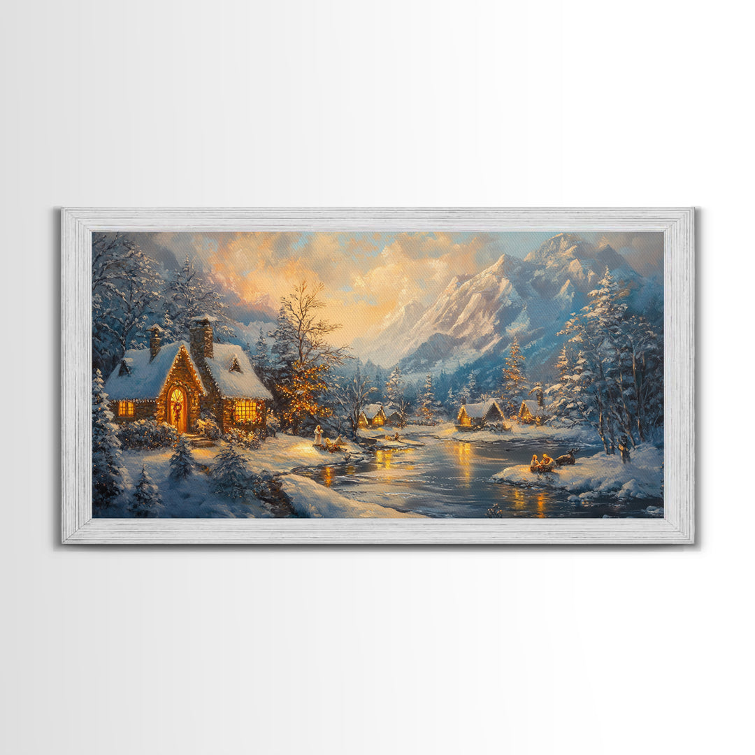 Christmas On The Lake, Christmas Canvas Print, Cabin Decor, Cabin Wall Art, Lake House Wall Art, Christmas home Decor, Christmas Village