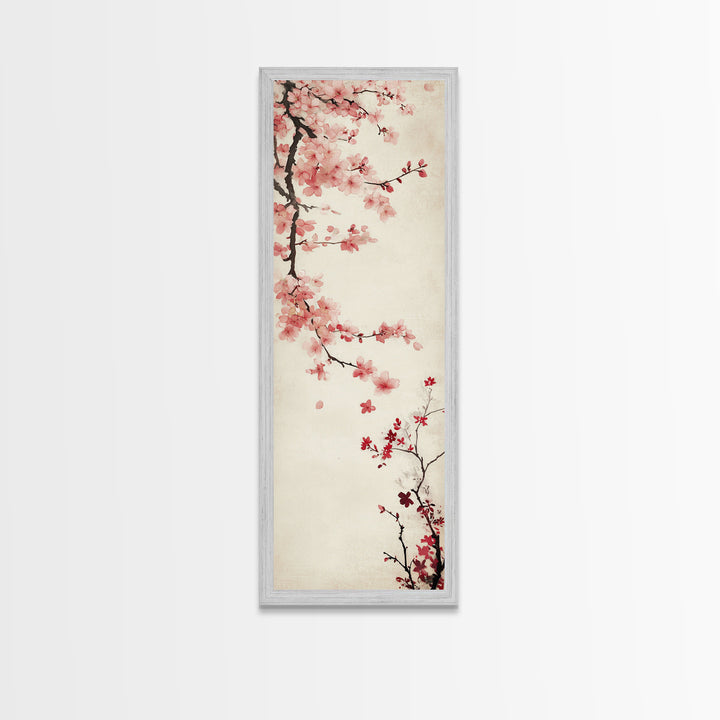 Cherry Blossom Branch Framed Canvas Print Tall Skinny Art Floral Japanese Decor, Cherry Blossom Painting, Minimalist Botanical Wall Art, Above Sofa Art