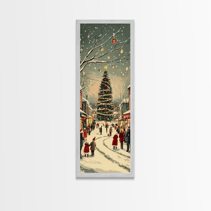 Christmas tree town square painting festive holiday decor framed canvas print, classic winter village, nostalgic seasonal wall art
