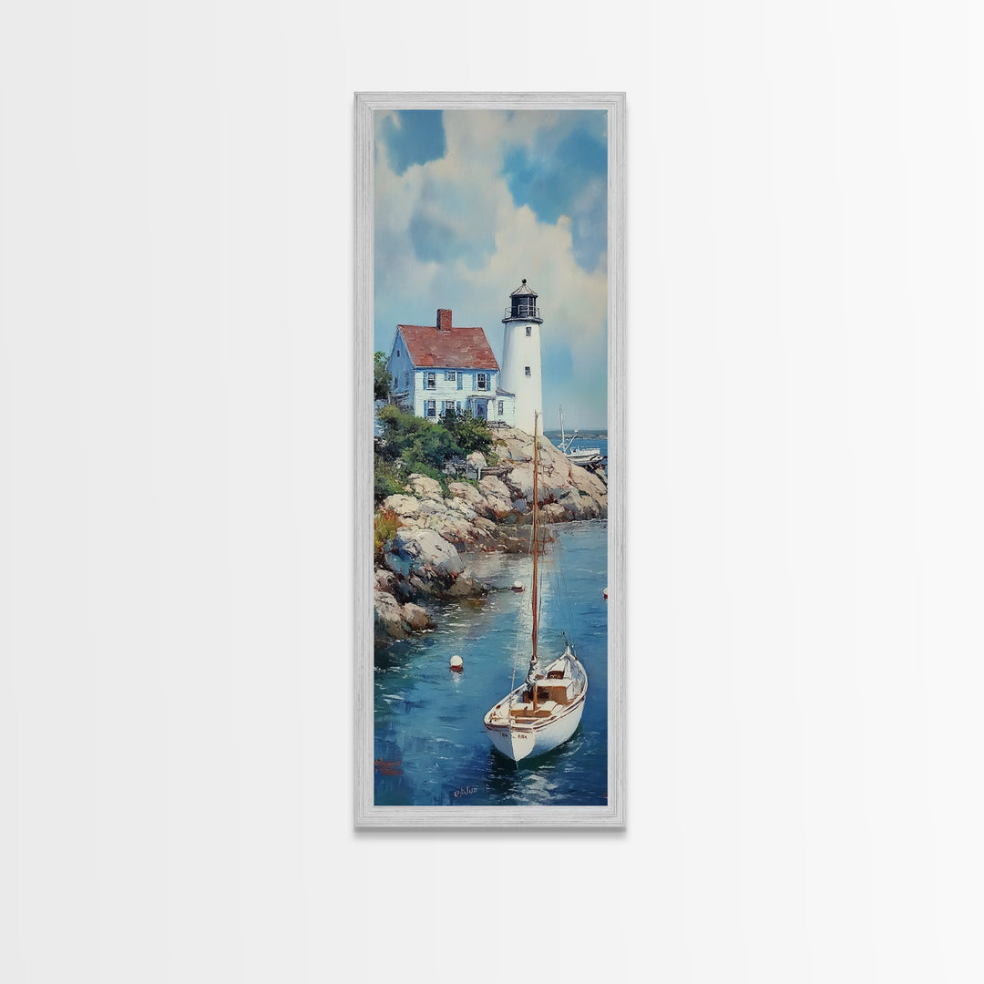 Canvas Print Lighthouse with Sailboat Art Nautical Decor Coastal Wall Art Cottagecore Maine Seascape Wall Art
