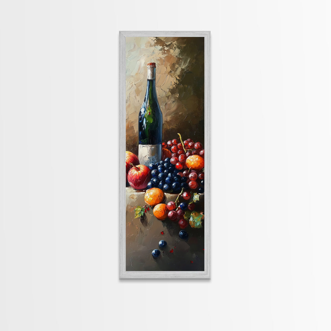 Skinny Vertical Art for Wine Cellar, Wine Room Art, Still Life Oil Painting of Wine and Grapes, Victorian Oil Painting, Retro Kitchen Decor