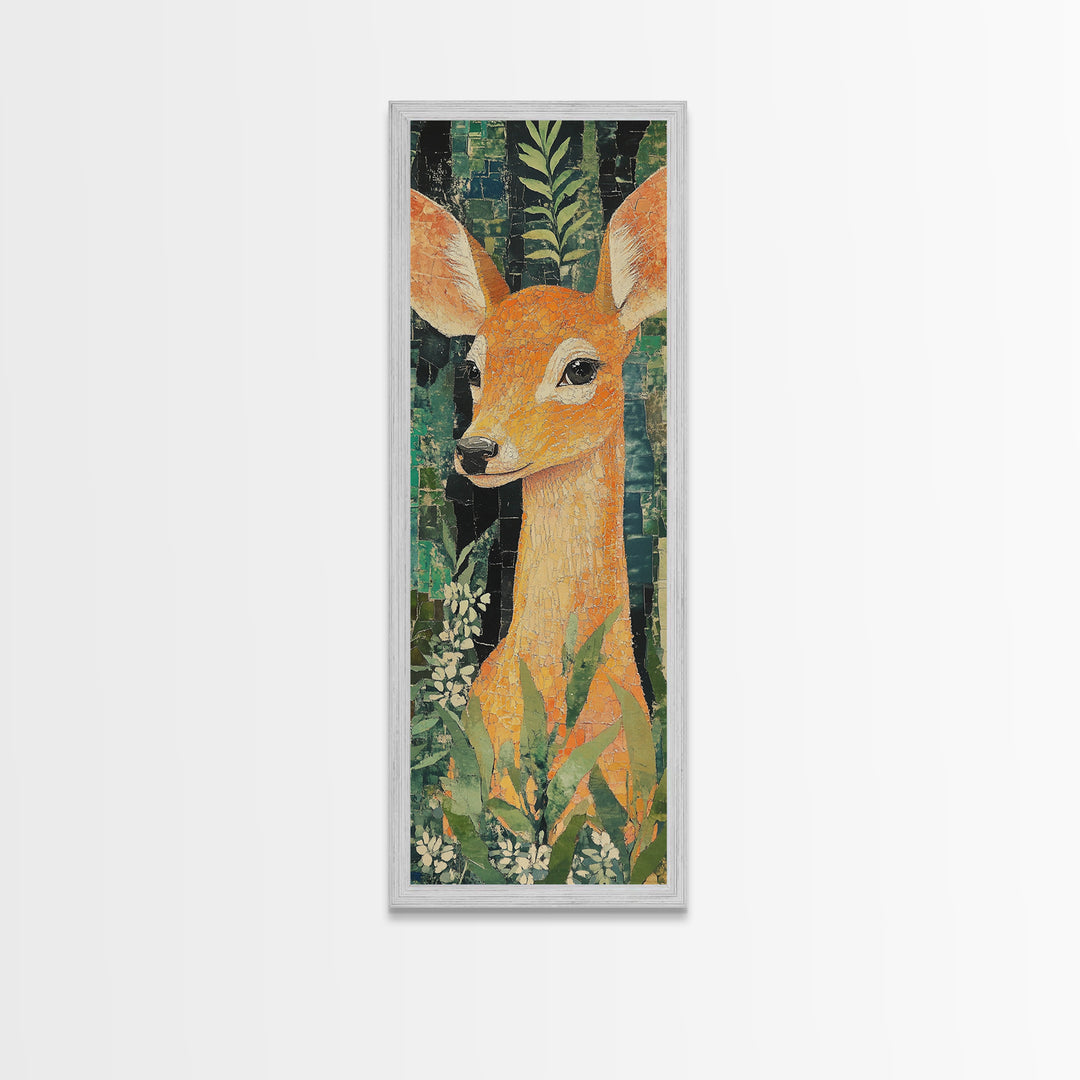 Canvas Print of Gentle Deer in Floral Forest, Boho Art, Whimsical Wall Art, Animal Decor, Tall Narrow Wall Art, Woodland Theme