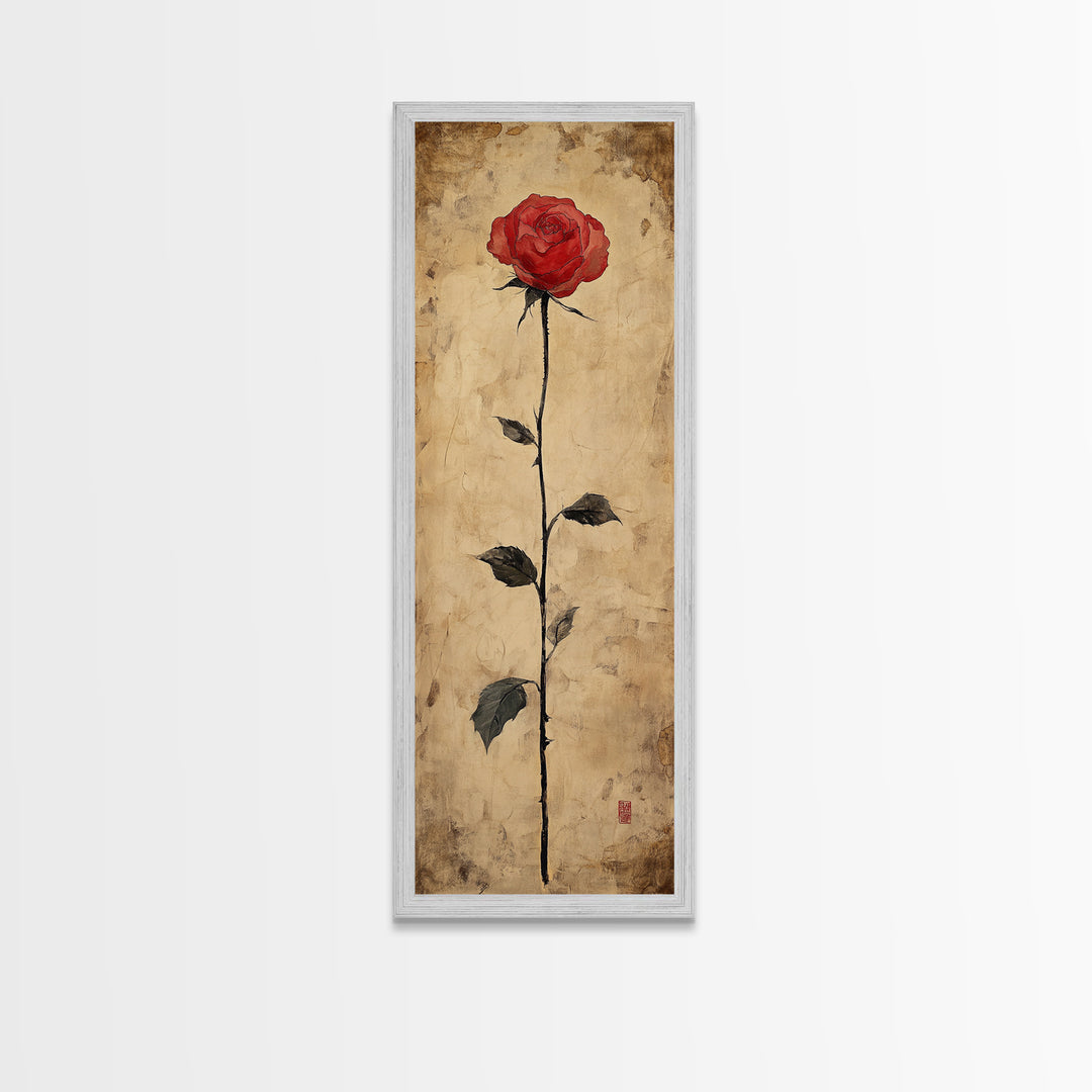 Framed Canvas Print of Elegant Red Rose, Botanical Art, Rustic Wall Art, Gift Idea, Minimalist Nature Art, Above Bed Wall Art