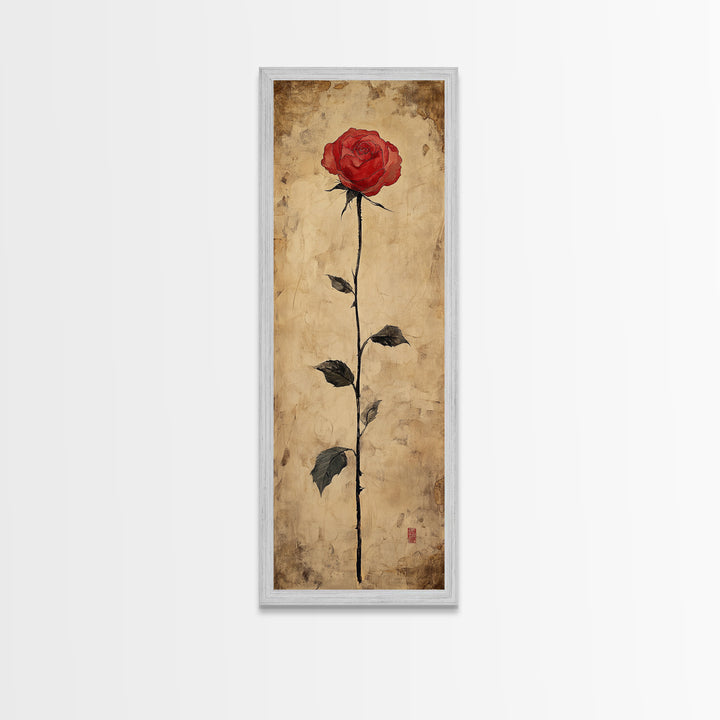 Framed Canvas Print of Elegant Red Rose, Botanical Art, Rustic Wall Art, Gift Idea, Minimalist Nature Art, Above Bed Wall Art