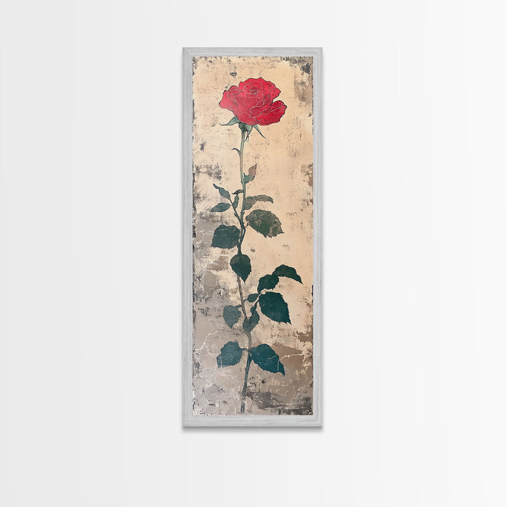 Red Rose Art Print Canvas Print, Japanese Inspired Rose Painting, Long Narrow Wall Art, Tall Skinny Art, Framed Canvas Print, Boho Wall Art