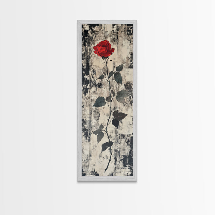 Monochrome Rose Canvas Print, Minimalist Black and White Art, Modern Botanical Print, Above Bed Wall Art, Tall Narrow Art, Framed Canvas Print