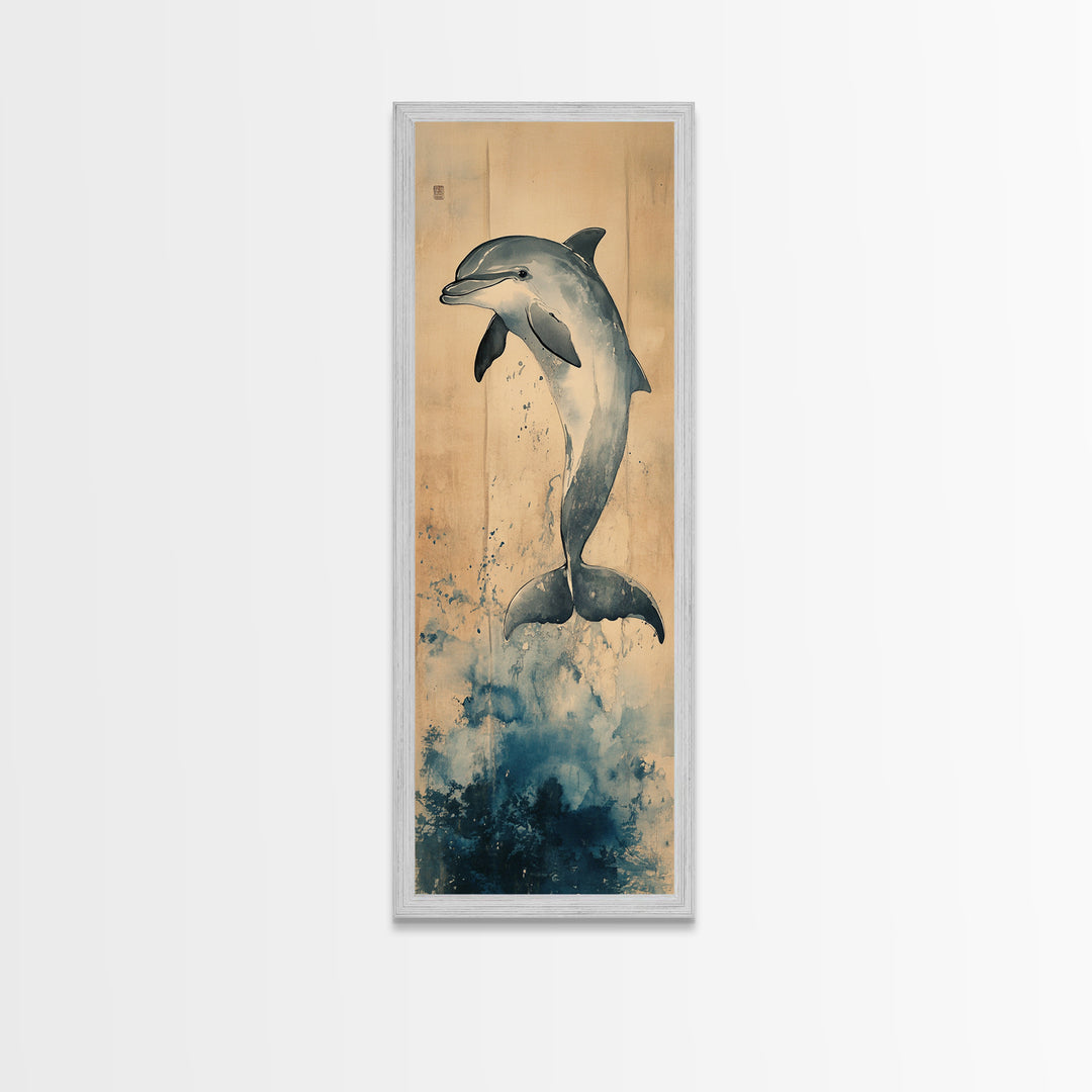 Framed Canvas Print Blue Dolphin Painting Coastal Nautical Wall Art, Beach-Inspired Above Bed Art, Boho Coastal Living Room Decor, Gift Him