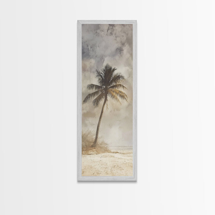 Framed Canvas Print Moody Palm Tree Painting, Coastal Landscape Art, Wabi Sabi Art, Above Sofa Wall Decor, Rustic Beach Scene Print