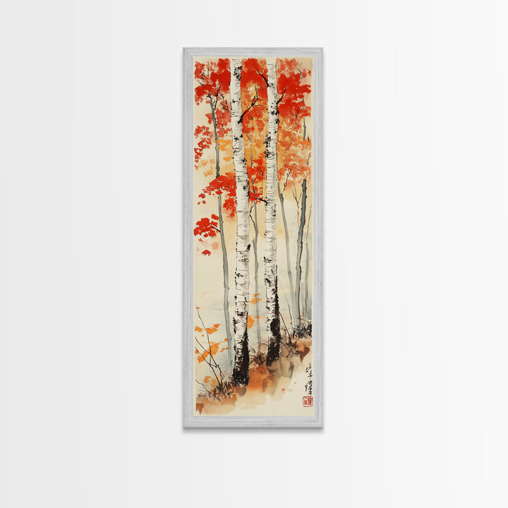 Canvas Print Japanese Birch Trees in Autumn, Traditional Wabi Sabi Art, Rustic Decor Above Bed Wall Art, Cozy Fall Living Room Decor
