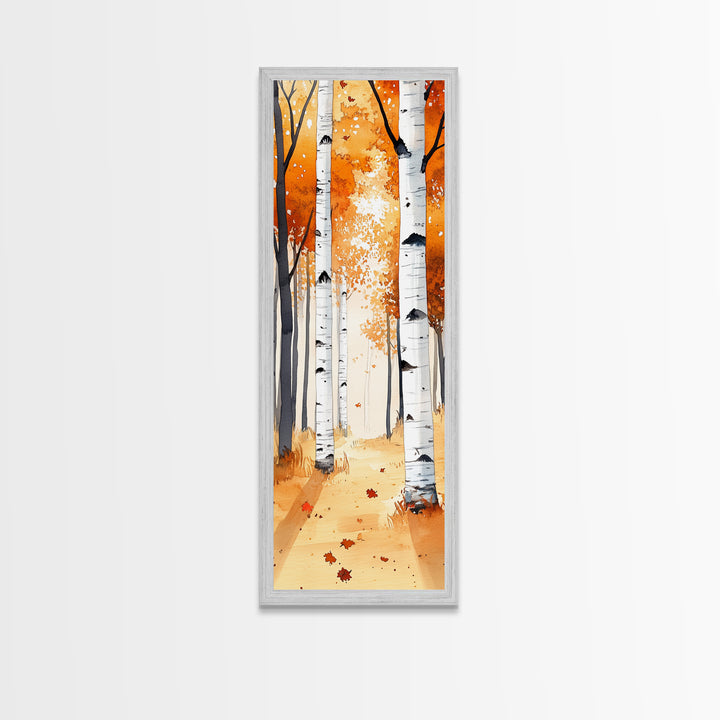 Autumn Birch Trees Framed Canvas Print – Rustic Decor, Tall Narrow Art, Cozy Fall Vibes, Birch Tree Art, Living Room Art, Above Bed Wall Art