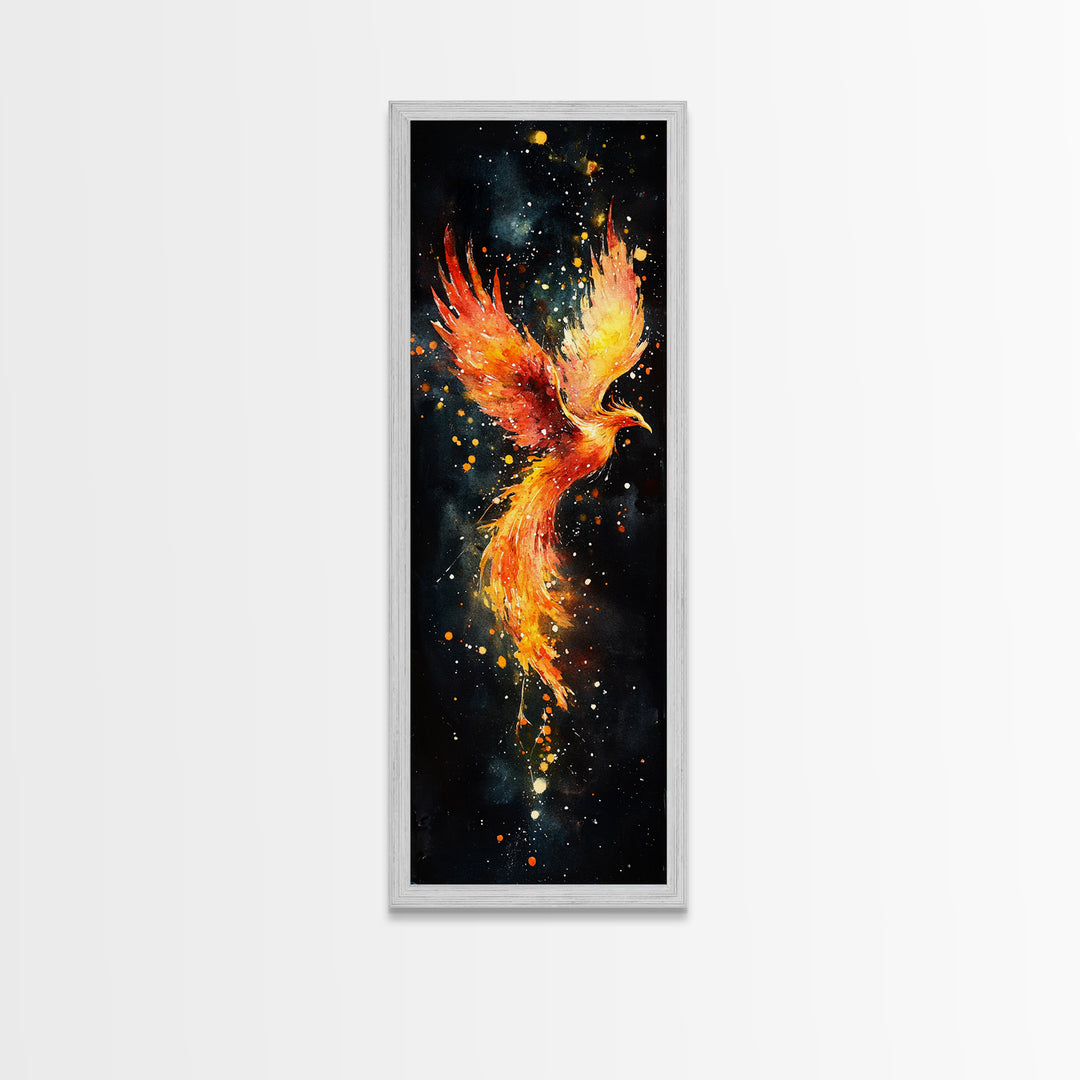 Radiant Phoenix in Flight Canvas Print, Framed Tall Wall Art, Unique Living Room Decor, Firebird Painting for Spiritual Art Lovers