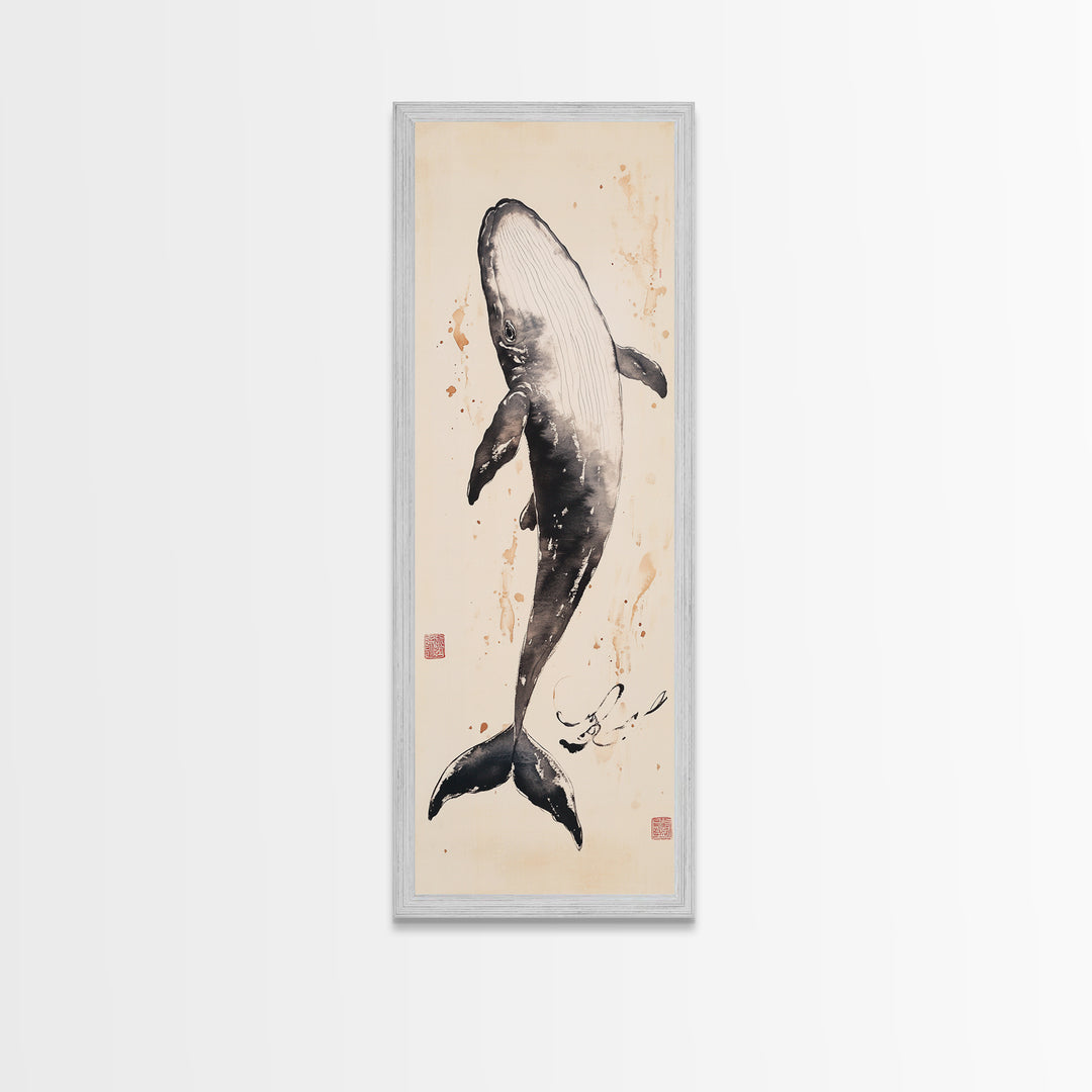 Minimalist Whale Ink Art Depicting Graceful Humpback Whale – Elegant Black and White Framed Canvas Print for Nautical or Coastal Decor