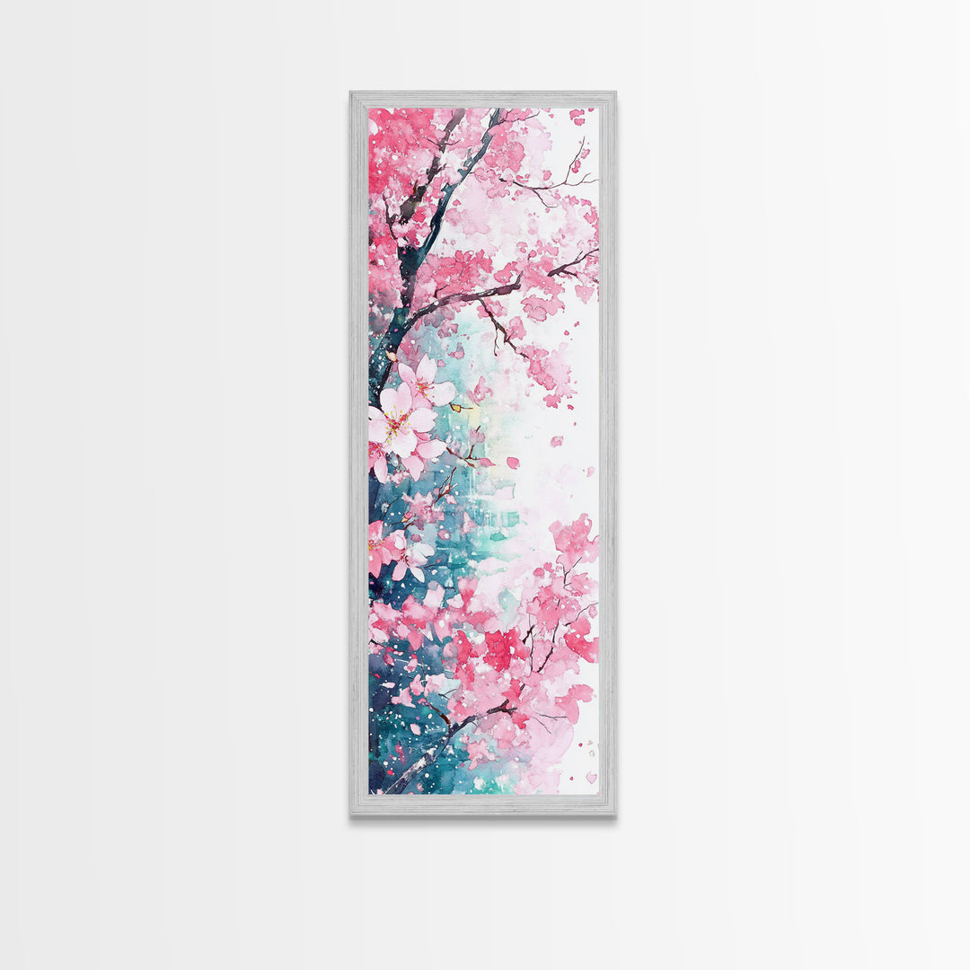 Blooming Pink Sakura Flowers Art - Framed Canvas Print for Japanese Decor, Cherry Blossom Art, Botanical Wall Decor, Pink Floral Painting