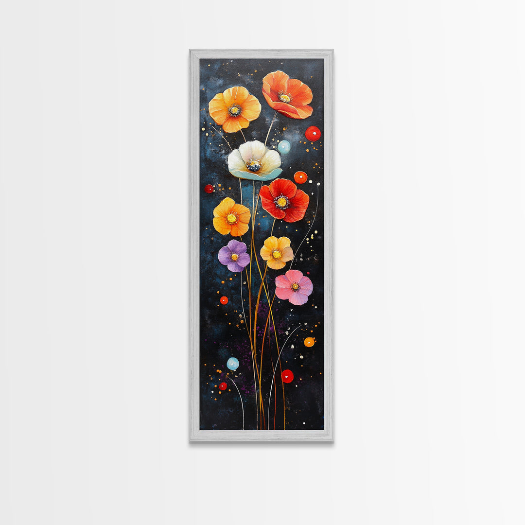 Abstract Poppy Garden Scene - Framed Canvas Print Showcasing Whimsical Florals on Dark Blue Background for Moody Decor